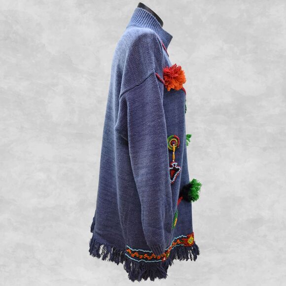 Victoria Jones Blue Beaded Arrow Fringed Pullover Sweater-Women's Size L - Picture 4 of 7